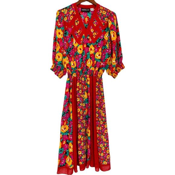 Vintage Floral Dress Mixed Contrasting Print Midi Dress Plus Size 14 - Picture 6 of 11